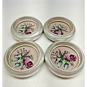 4 Vintage Frank M. Whiting 4" Coasters Mid Century MCM Cross Stitch Floral